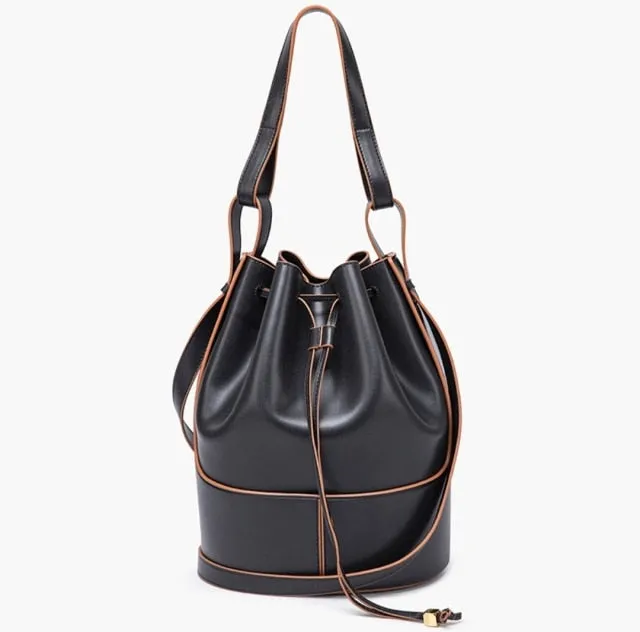 2021 New Women's Leather Drawstring Large Capacity Bucket Bag Leather Hit Color Matching Bag/Hand Bag over-the-Shoulder Bag