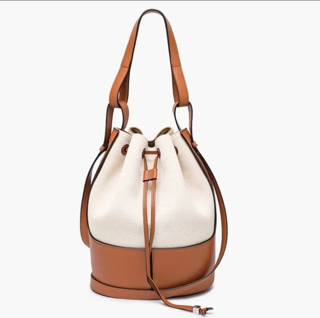 2021 New Women's Leather Drawstring Large Capacity Bucket Bag Leather Hit Color Matching Bag/Hand Bag over-the-Shoulder Bag