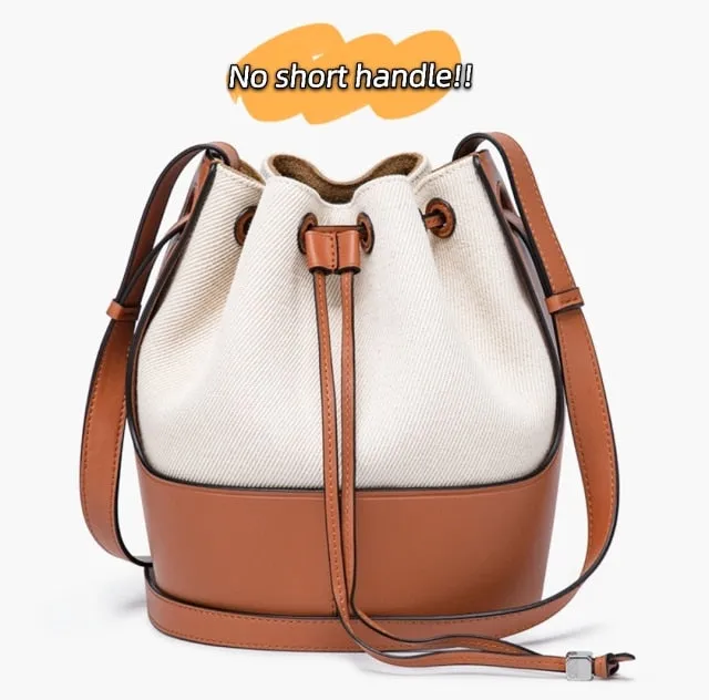 2021 New Women's Leather Drawstring Large Capacity Bucket Bag Leather Hit Color Matching Bag/Hand Bag over-the-Shoulder Bag