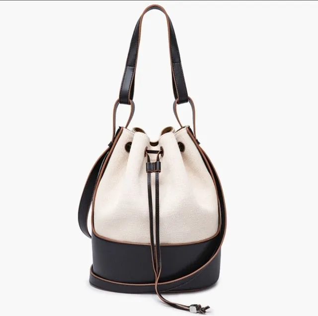 2021 New Women's Leather Drawstring Large Capacity Bucket Bag Leather Hit Color Matching Bag/Hand Bag over-the-Shoulder Bag