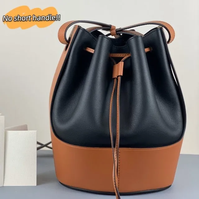 2021 New Women's Leather Drawstring Large Capacity Bucket Bag Leather Hit Color Matching Bag/Hand Bag over-the-Shoulder Bag