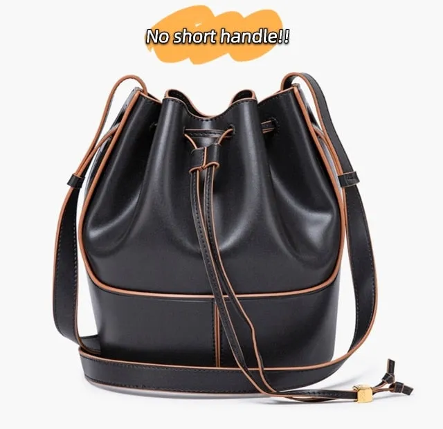 2021 New Women's Leather Drawstring Large Capacity Bucket Bag Leather Hit Color Matching Bag/Hand Bag over-the-Shoulder Bag
