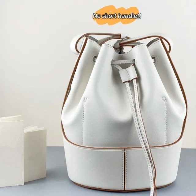 2021 New Women's Leather Drawstring Large Capacity Bucket Bag Leather Hit Color Matching Bag/Hand Bag over-the-Shoulder Bag