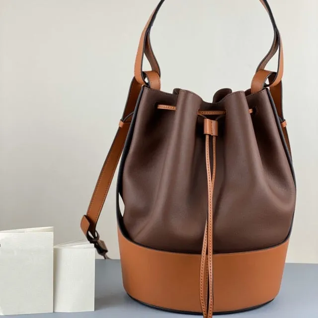 2021 New Women's Leather Drawstring Large Capacity Bucket Bag Leather Hit Color Matching Bag/Hand Bag over-the-Shoulder Bag
