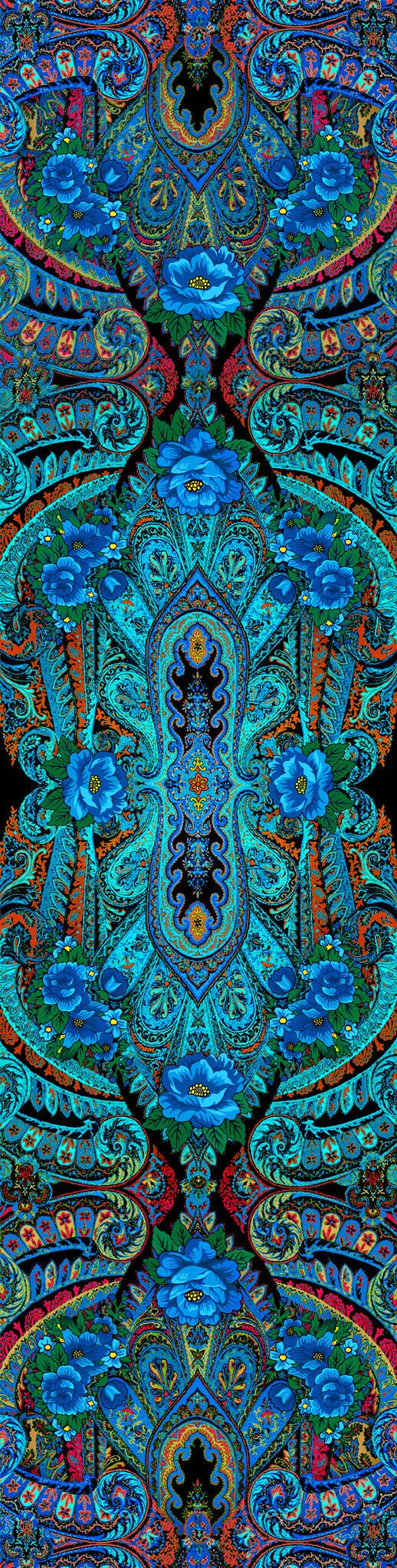 Blue Roses at the Circus, silk velvet scarf. OLIVE GREEN back.