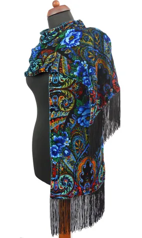 Blue Roses at the Circus, silk velvet scarf. OLIVE GREEN back.
