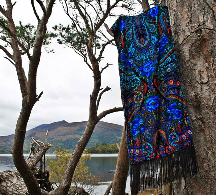 Blue Roses at the Circus, silk velvet scarf. OLIVE GREEN back.