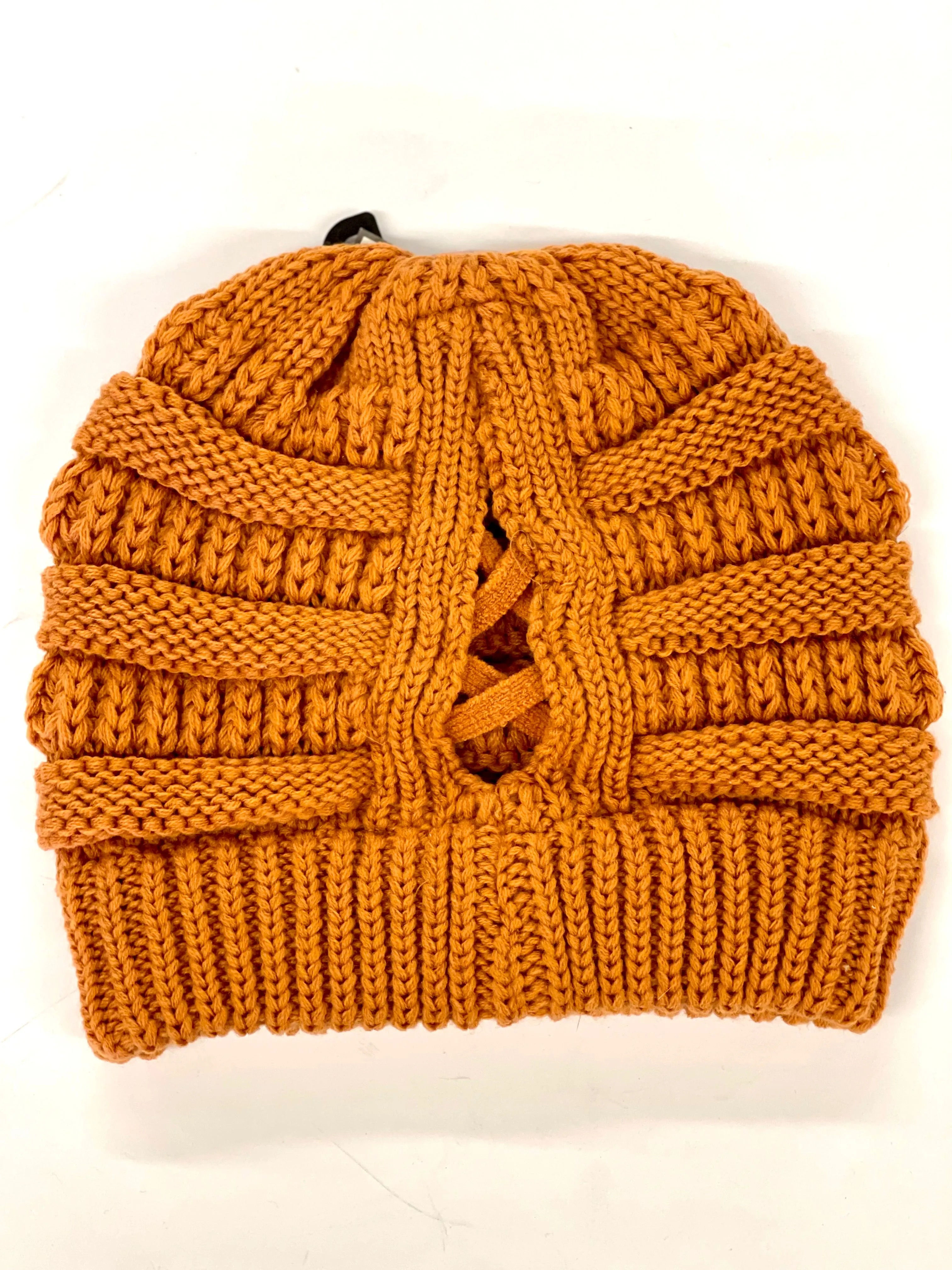 Burnt Orange Beanie (x-cross pony back) with brown patch antique hardware