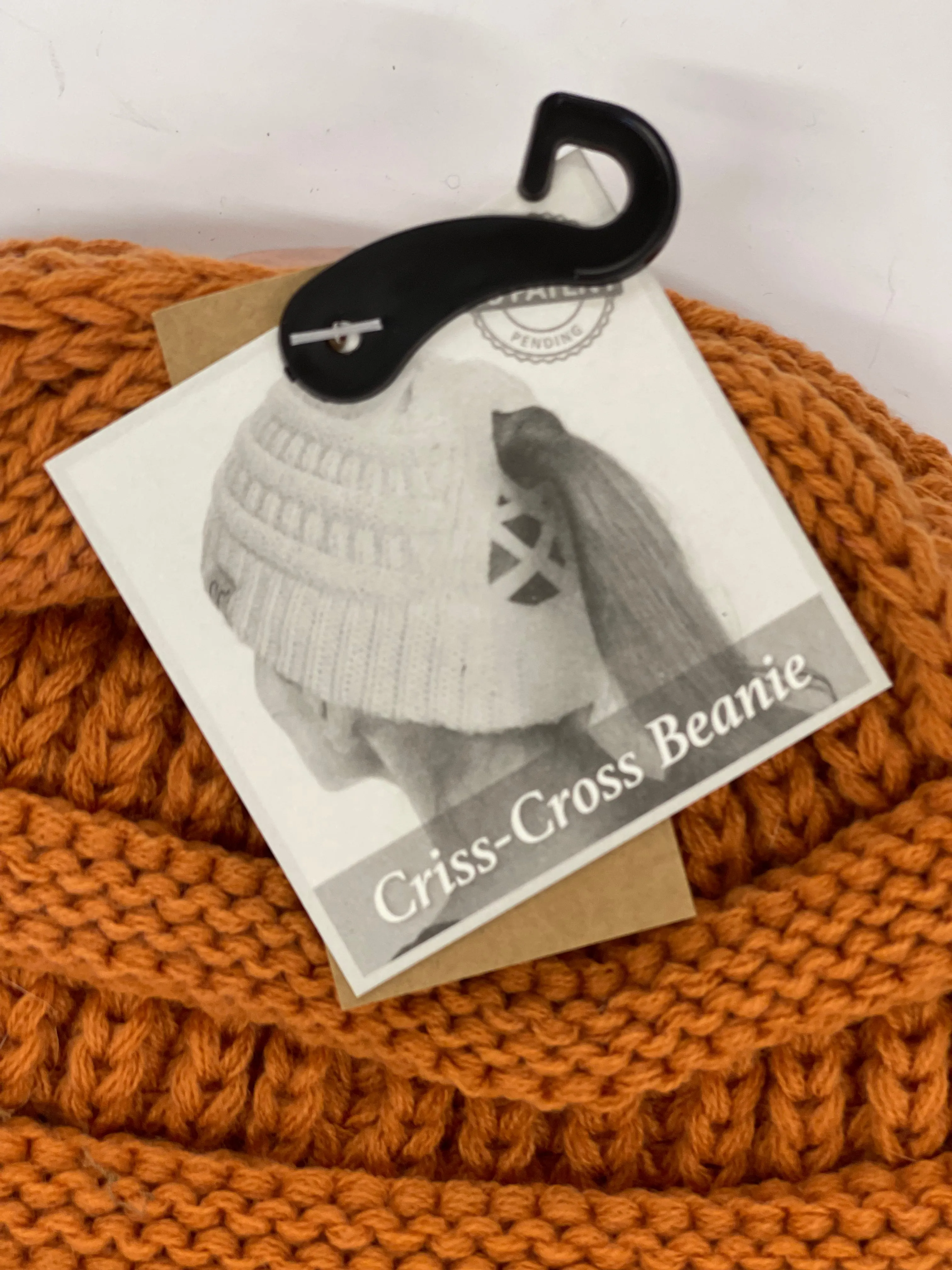 Burnt Orange Beanie (x-cross pony back) with brown patch antique hardware