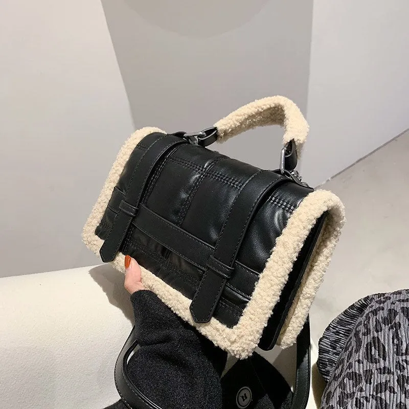 Christmas Gift Cute Fluffy Shoulder Bags for Women Pu Leather Fashion Woolen Crossbody Bag Black Designer Winter Female Purses and Handbag
