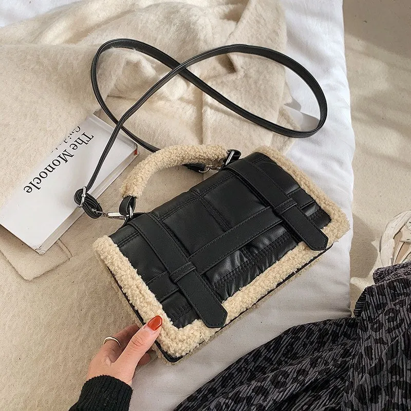 Christmas Gift Cute Fluffy Shoulder Bags for Women Pu Leather Fashion Woolen Crossbody Bag Black Designer Winter Female Purses and Handbag