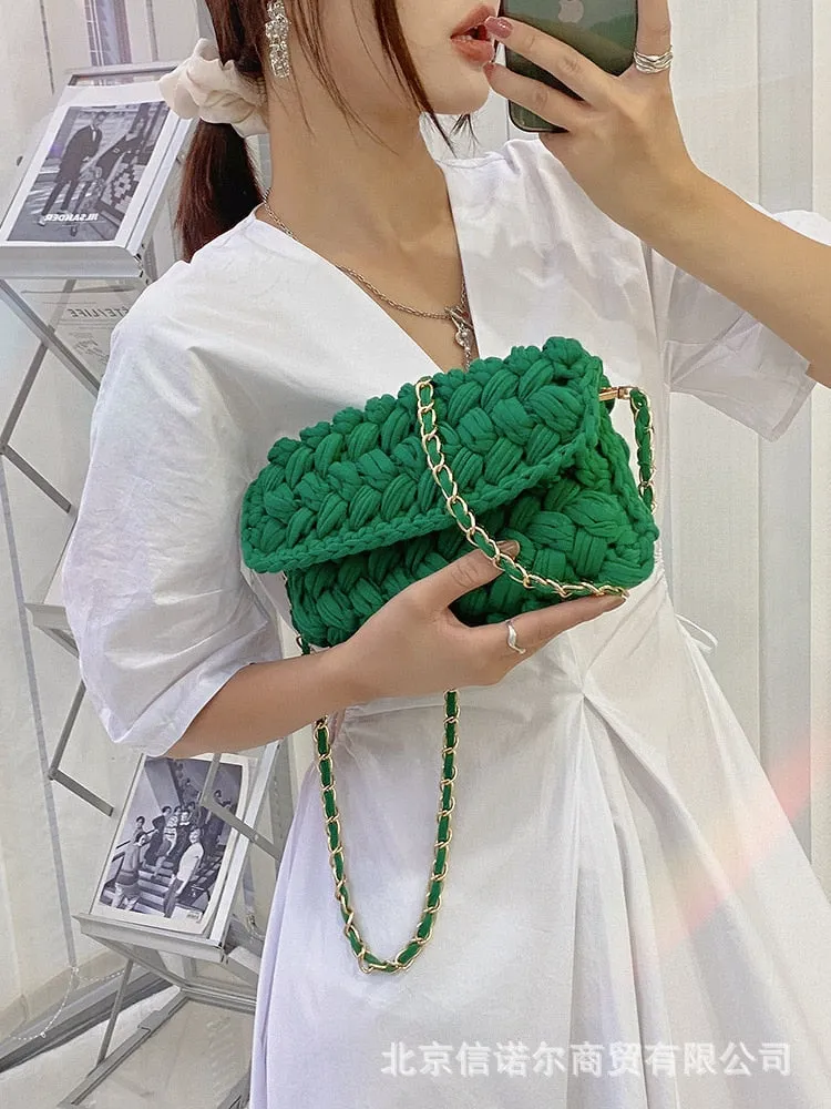 Christmas Gift Fashion Rope Woven Shoulder Crossbody Bags for Women Chains Knitting Handbag String Square Bag Small Braided Flap Phone Purses