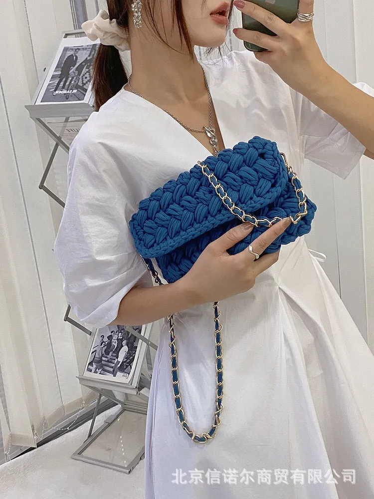 Christmas Gift Fashion Rope Woven Shoulder Crossbody Bags for Women Chains Knitting Handbag String Square Bag Small Braided Flap Phone Purses