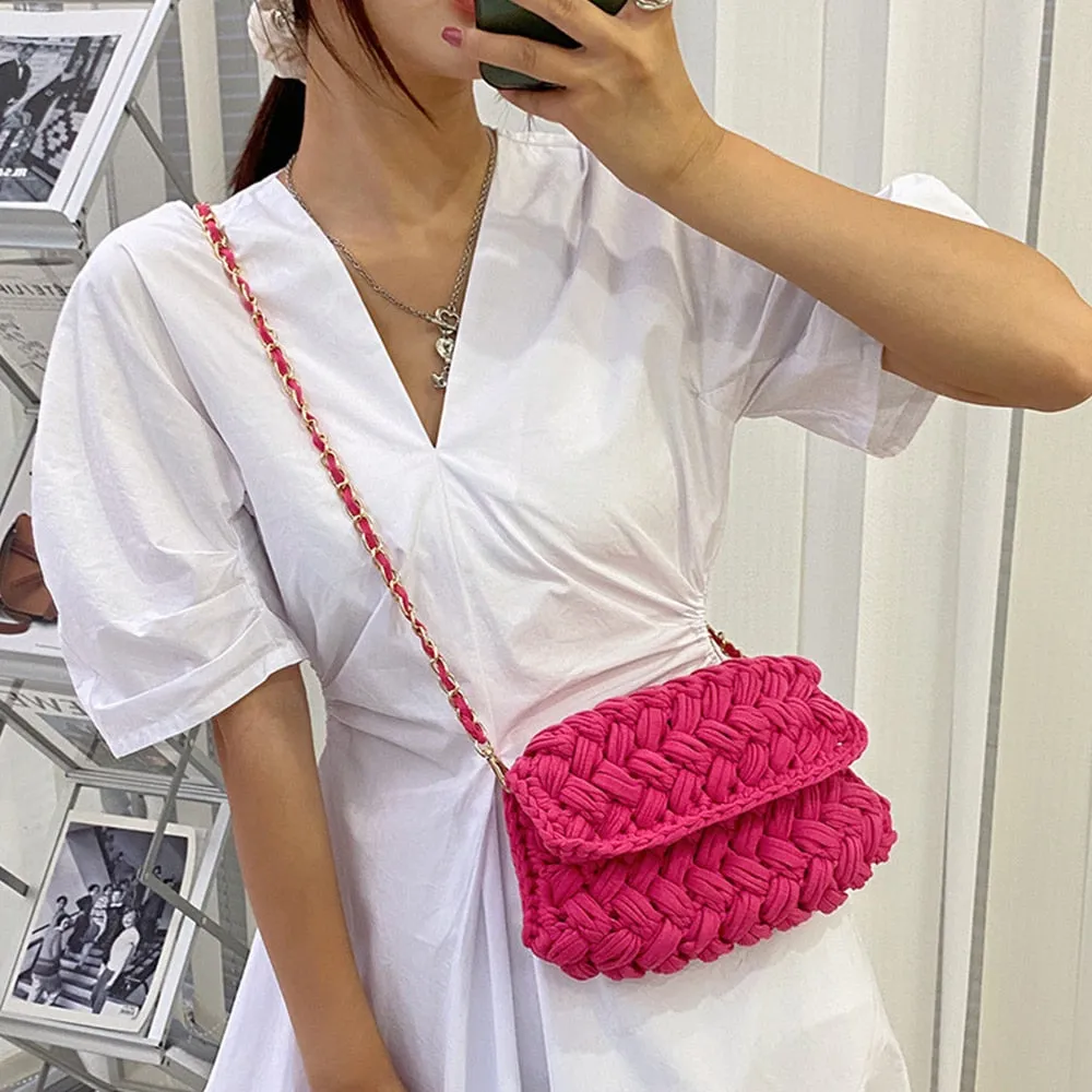 Christmas Gift Fashion Rope Woven Shoulder Crossbody Bags for Women Chains Knitting Handbag String Square Bag Small Braided Flap Phone Purses