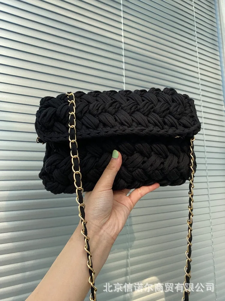 Christmas Gift Fashion Rope Woven Shoulder Crossbody Bags for Women Chains Knitting Handbag String Square Bag Small Braided Flap Phone Purses