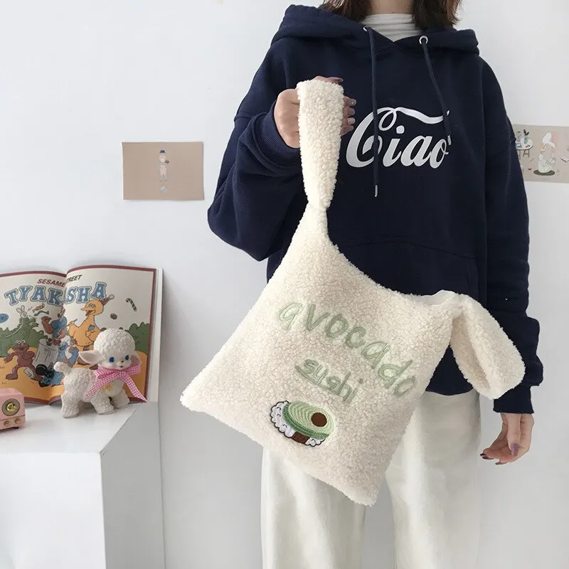 Christmas Gift Winter Women Small Plush Tote Simple Warm Cloth Wrist Bags Embroidery Soft Handbag High Quality Eco Makeup Bag Purses for Girls