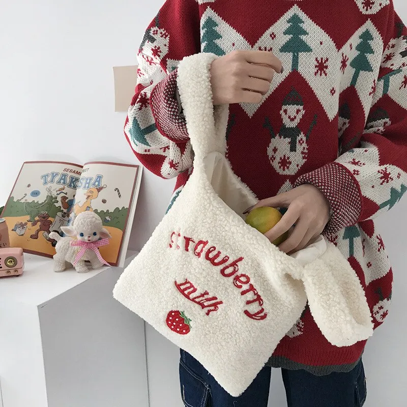 Christmas Gift Winter Women Small Plush Tote Simple Warm Cloth Wrist Bags Embroidery Soft Handbag High Quality Eco Makeup Bag Purses for Girls