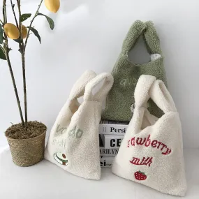 Christmas Gift Winter Women Small Plush Tote Simple Warm Cloth Wrist Bags Embroidery Soft Handbag High Quality Eco Makeup Bag Purses for Girls