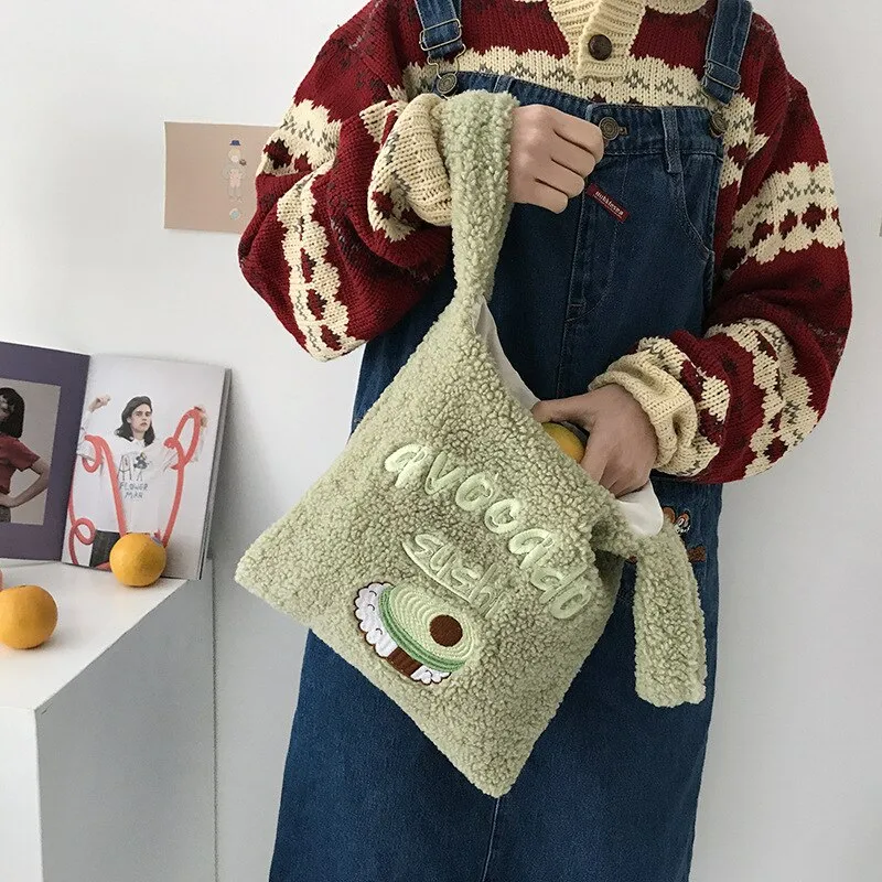 Christmas Gift Winter Women Small Plush Tote Simple Warm Cloth Wrist Bags Embroidery Soft Handbag High Quality Eco Makeup Bag Purses for Girls
