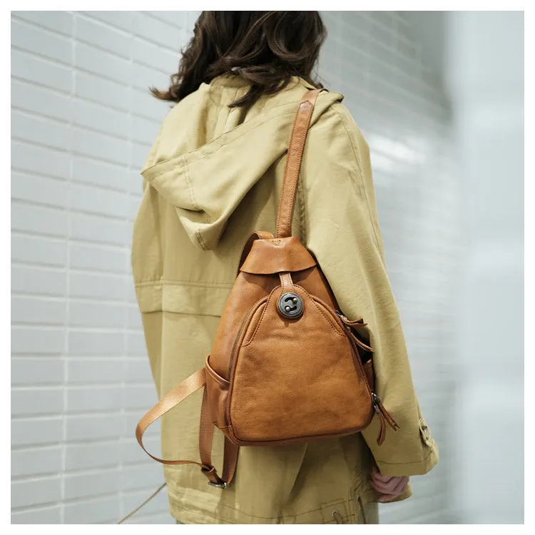 Cool Ladies Brown Leather Backpack Purse Small Rucksack For Women