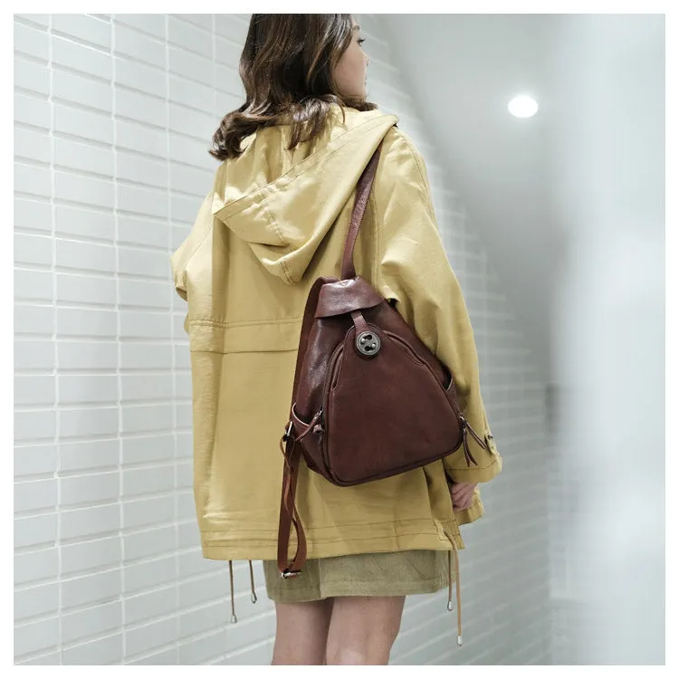 Cool Ladies Brown Leather Backpack Purse Small Rucksack For Women