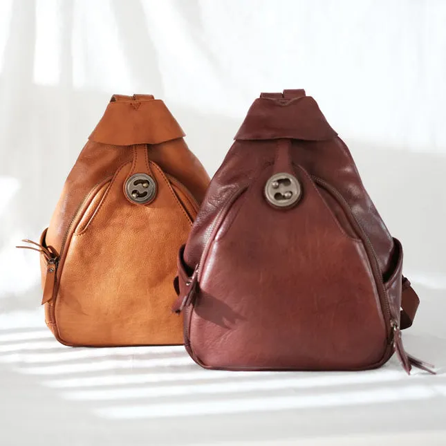 Cool Ladies Brown Leather Backpack Purse Small Rucksack For Women