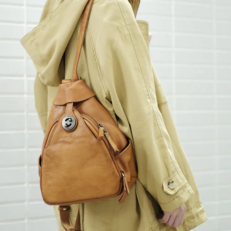 Cool Ladies Brown Leather Backpack Purse Small Rucksack For Women
