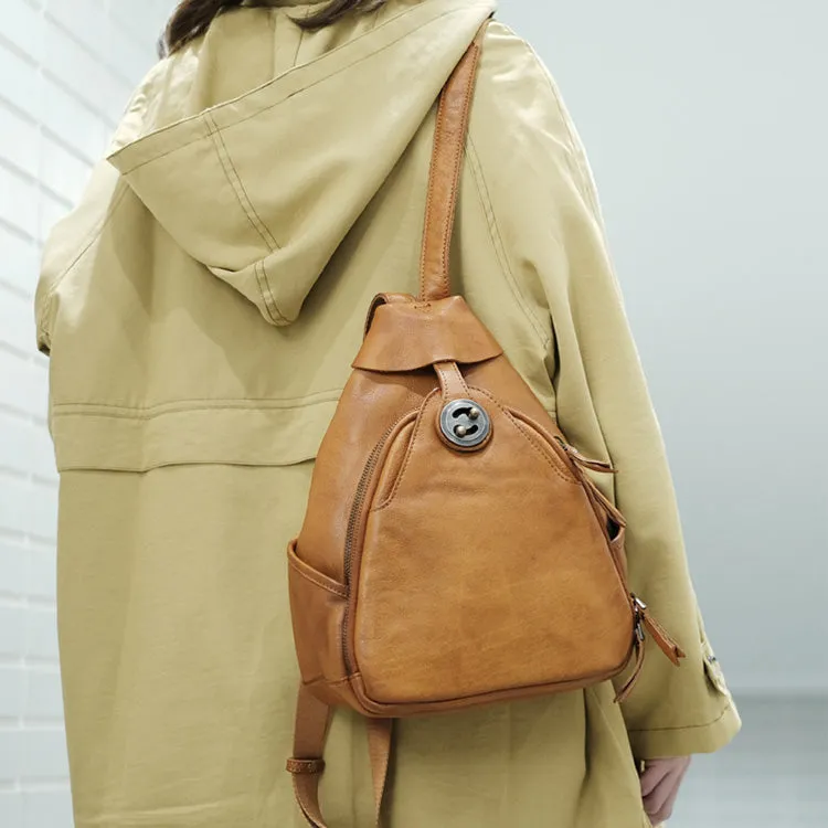 Cool Ladies Brown Leather Backpack Purse Small Rucksack For Women