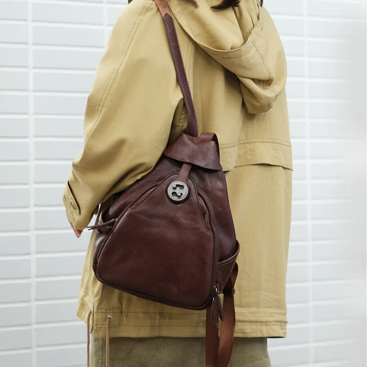 Cool Ladies Brown Leather Backpack Purse Small Rucksack For Women