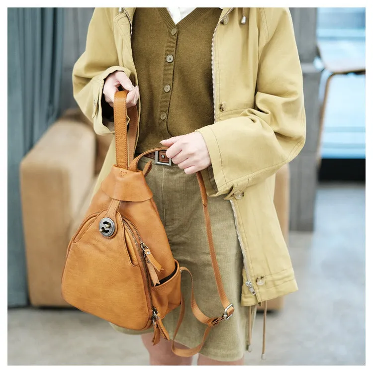 Cool Ladies Brown Leather Backpack Purse Small Rucksack For Women