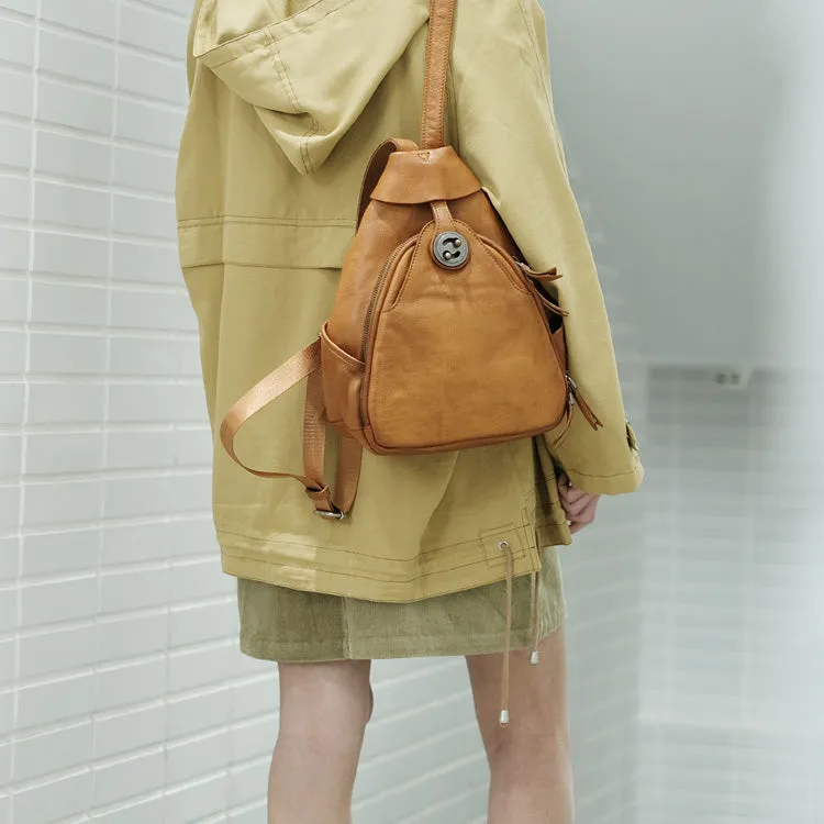 Cool Ladies Brown Leather Backpack Purse Small Rucksack For Women