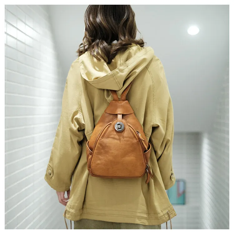 Cool Ladies Brown Leather Backpack Purse Small Rucksack For Women