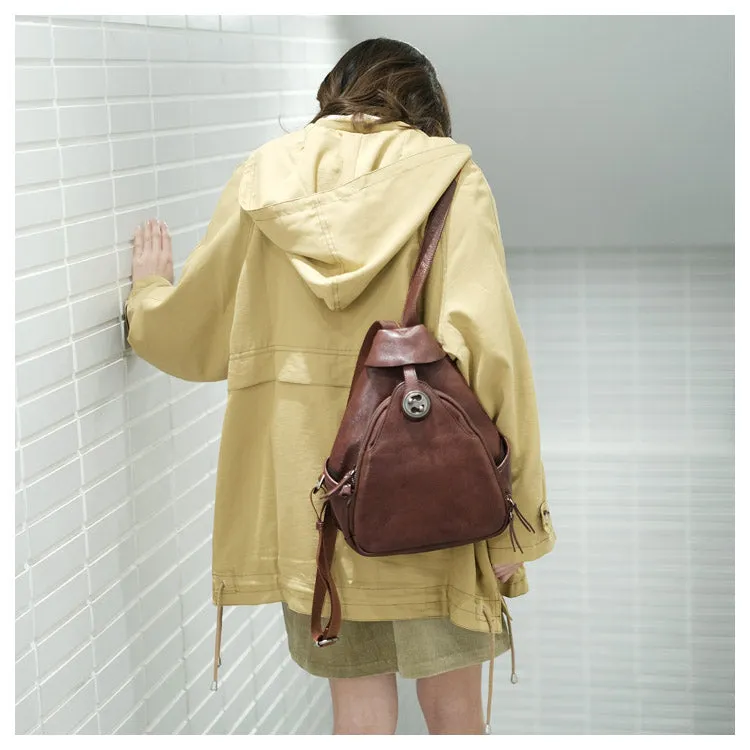 Cool Ladies Brown Leather Backpack Purse Small Rucksack For Women