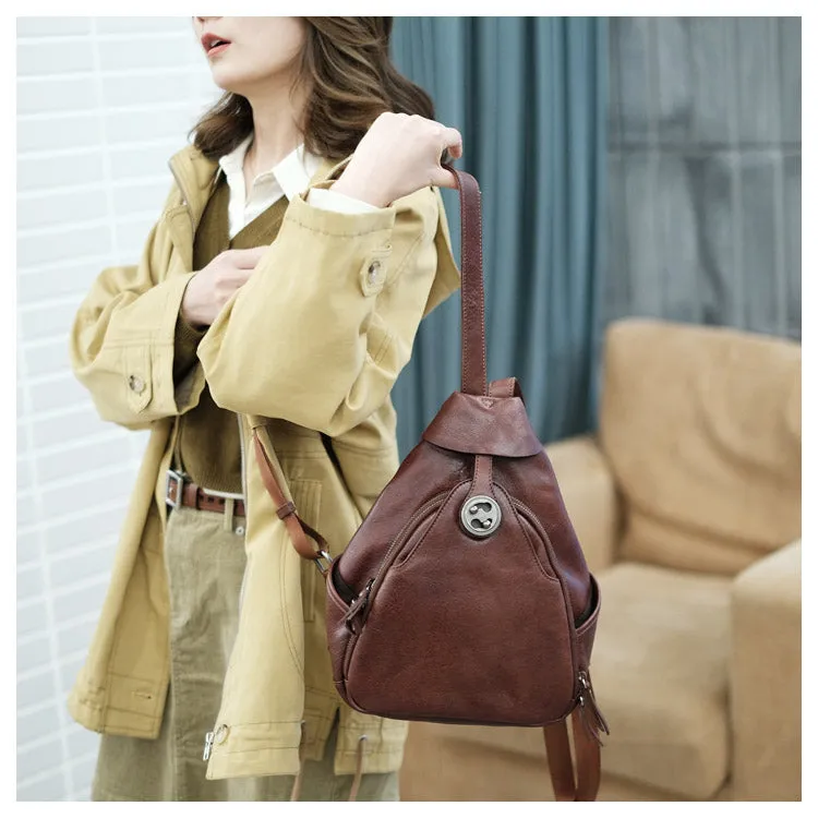 Cool Ladies Brown Leather Backpack Purse Small Rucksack For Women