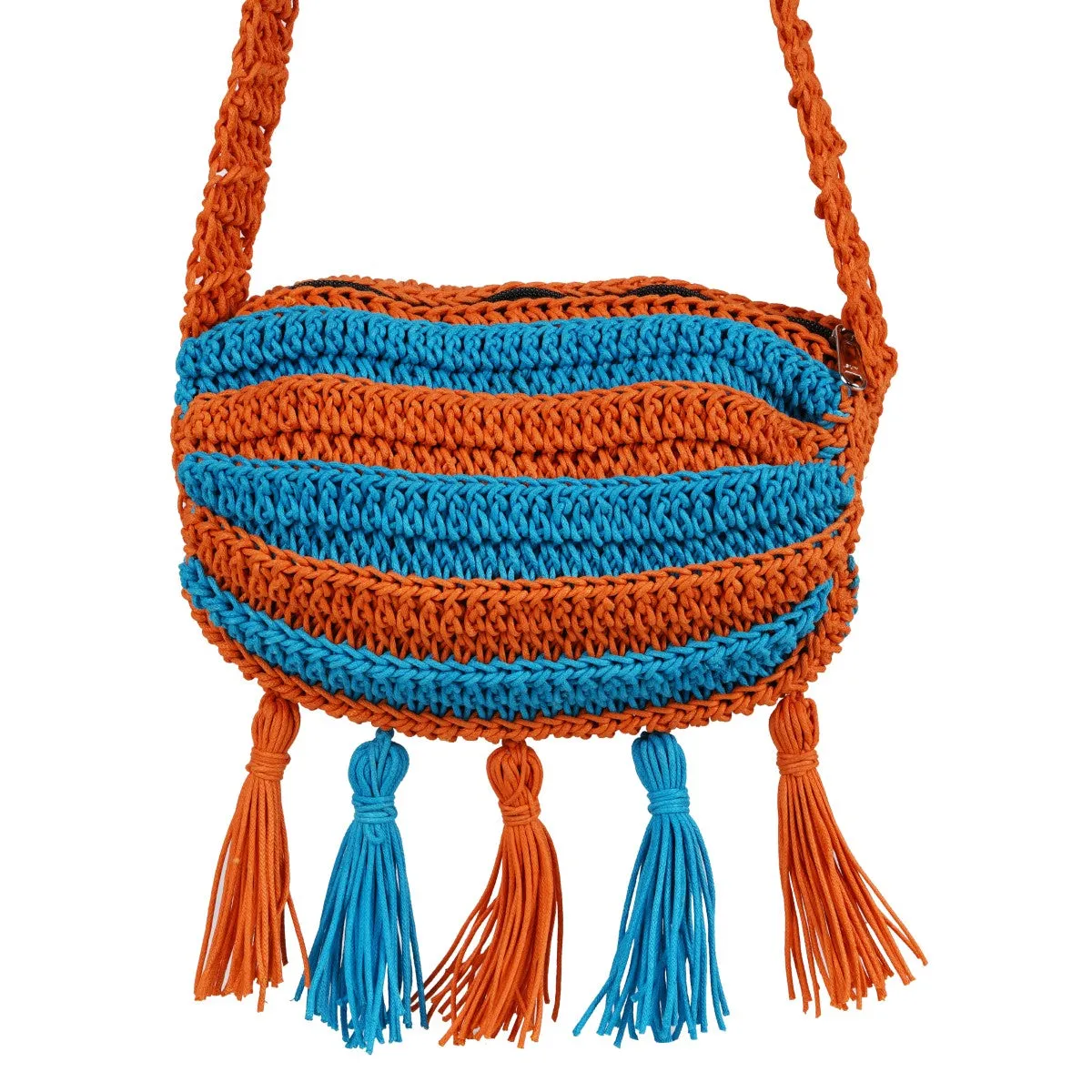 Duffel Mini Sling Bag | Hand-Crafted & Crochet | Cotton | Turquoise & Rust