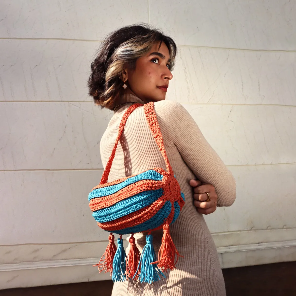 Duffel Mini Sling Bag | Hand-Crafted & Crochet | Cotton | Turquoise & Rust