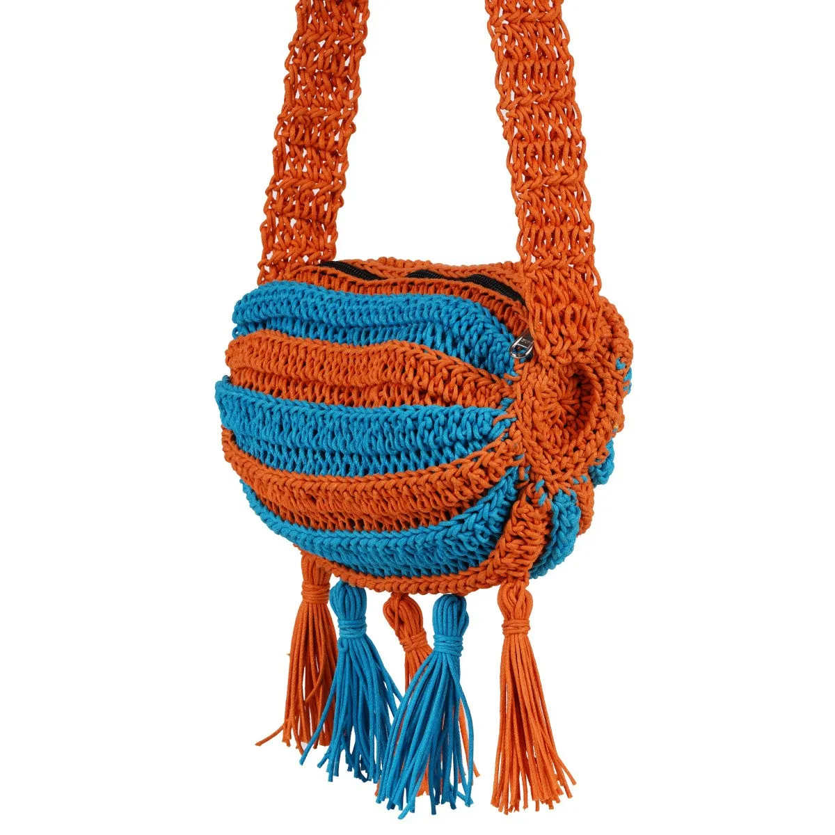 Duffel Mini Sling Bag | Hand-Crafted & Crochet | Cotton | Turquoise & Rust