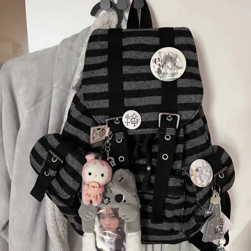 Uakiss New Striped Korean Casual Backpacks Drawstring Y2k College Student Bags Large Capacity Versatile Backpacks Women's Bags