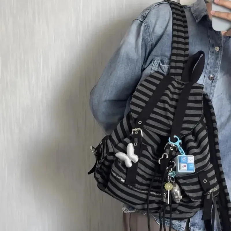 Uakiss New Striped Korean Casual Backpacks Drawstring Y2k College Student Bags Large Capacity Versatile Backpacks Women's Bags