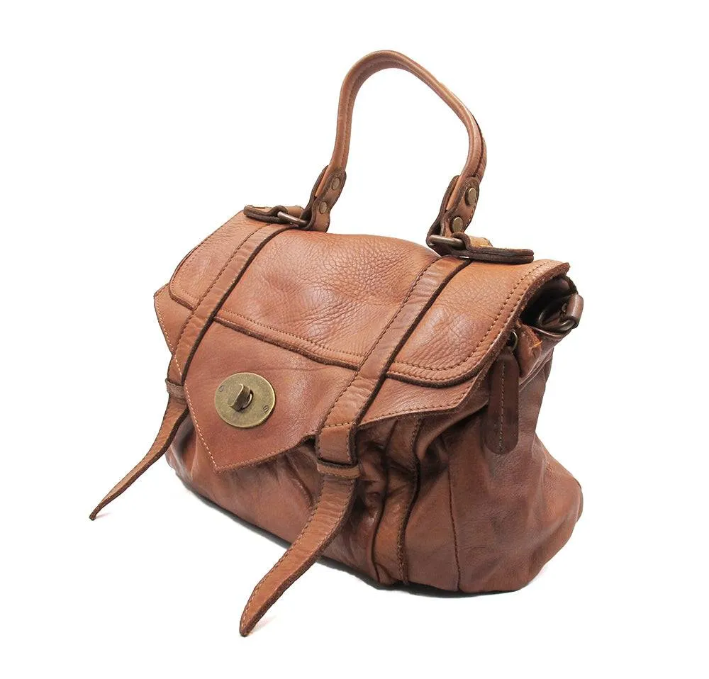 Vintage Style Brown Super Soft Washed Calf Leather Handbag Made In Italy