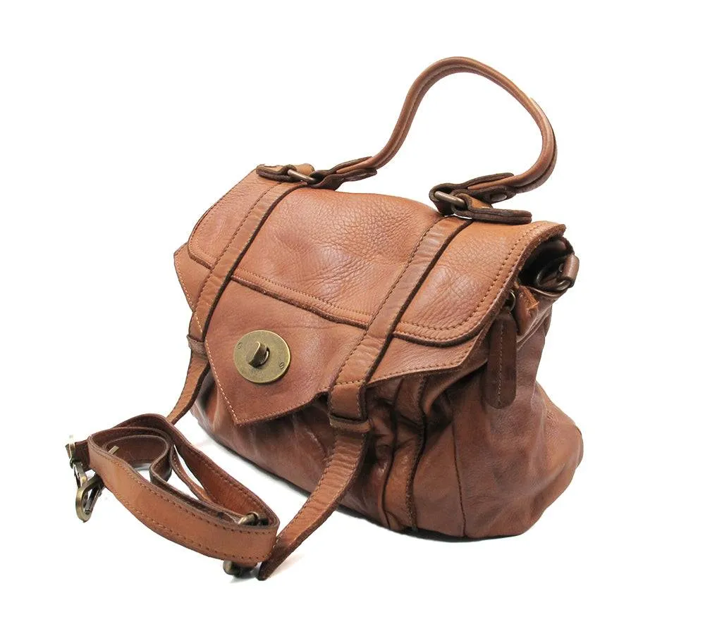 Vintage Style Brown Super Soft Washed Calf Leather Handbag Made In Italy