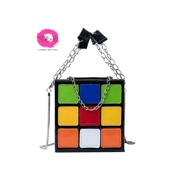 Women Mini Rubik Cube Design Purse  Small Square Handbag With Metal Leather Chain Crossbody Bag